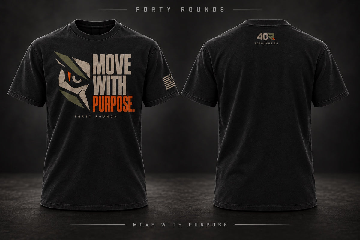 Black tee concept with a half-owl graphic and Move With Purpose lettering, front and back.