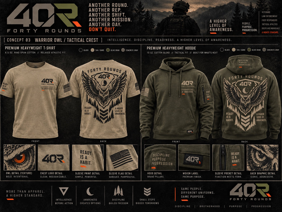 Warrior Owl concept board with tee and hoodie front, back and detail studies.