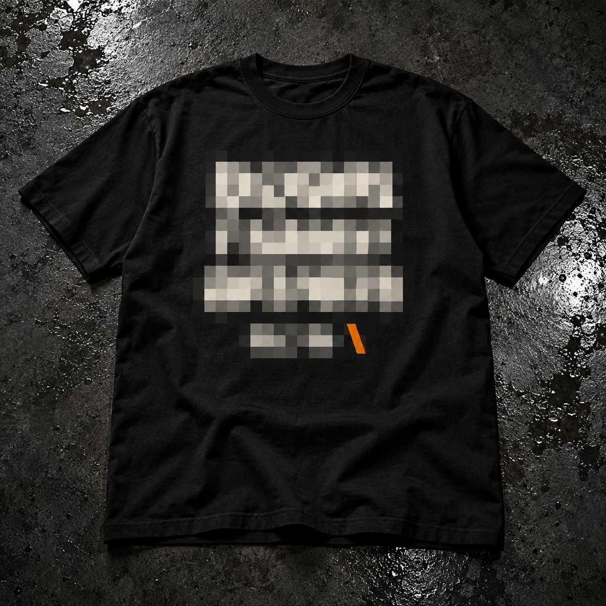 Pixelated preview of an unreleased black DROP 002 T-shirt. Message and artwork are hidden.
