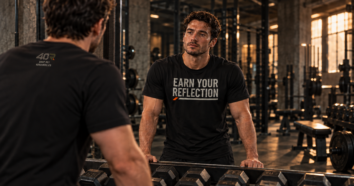 DROP 001 concept mockup: an athlete wears the black tee with its 40R upper-back mark; EARN YOUR REFLECTION reads clearly in the gym mirror.