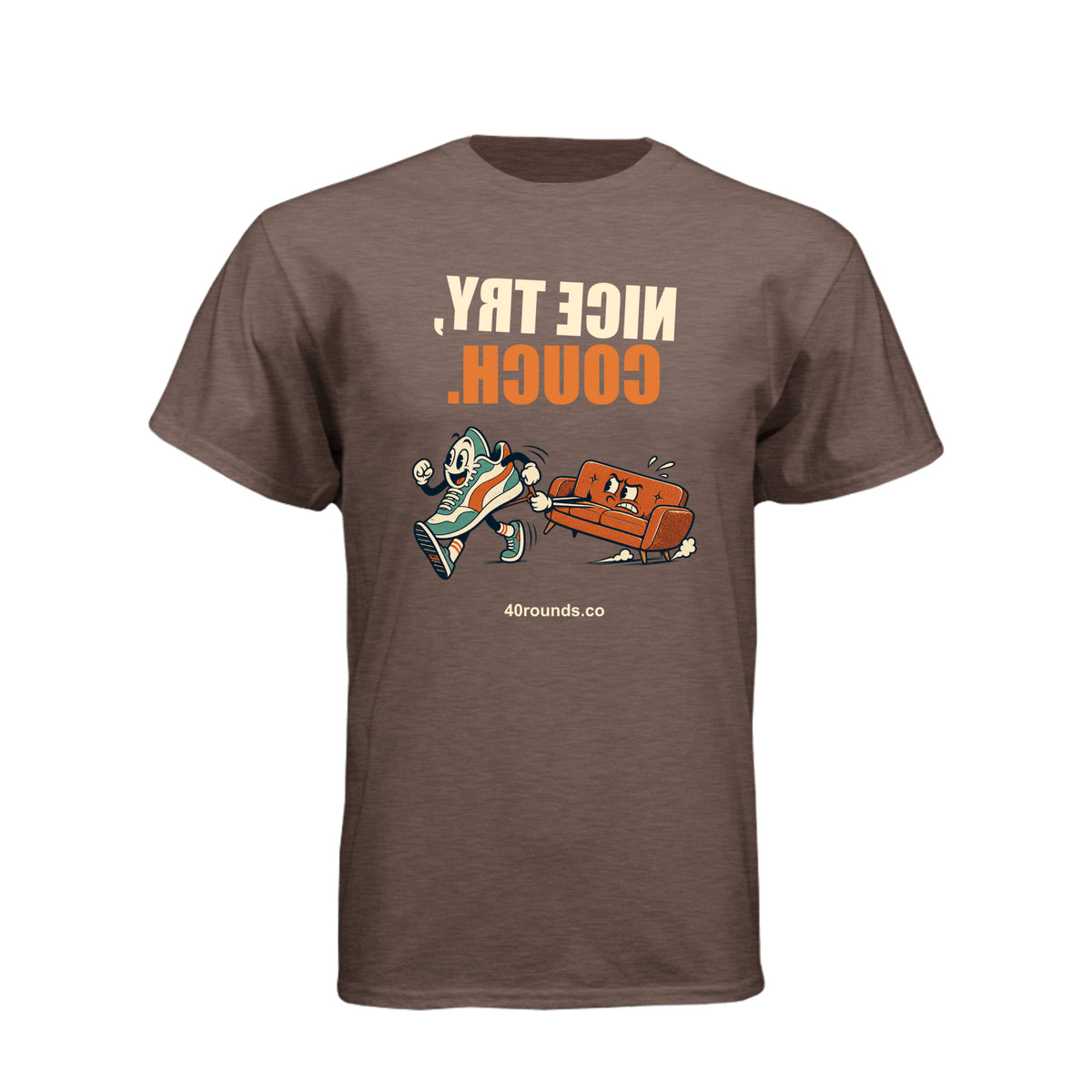 Nice Try, Couch — Mirrored Graphic Tee · Espresso · Front
