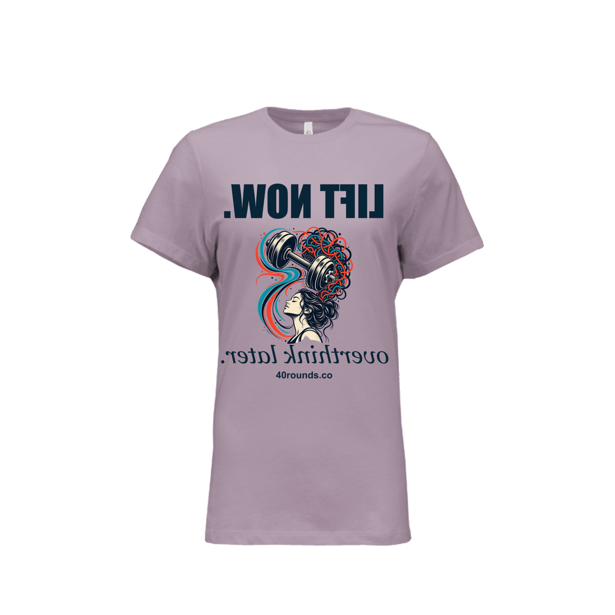 Lift Now. Overthink Later. — Women’s Mirrored Graphic Tee · Light Violet · Front