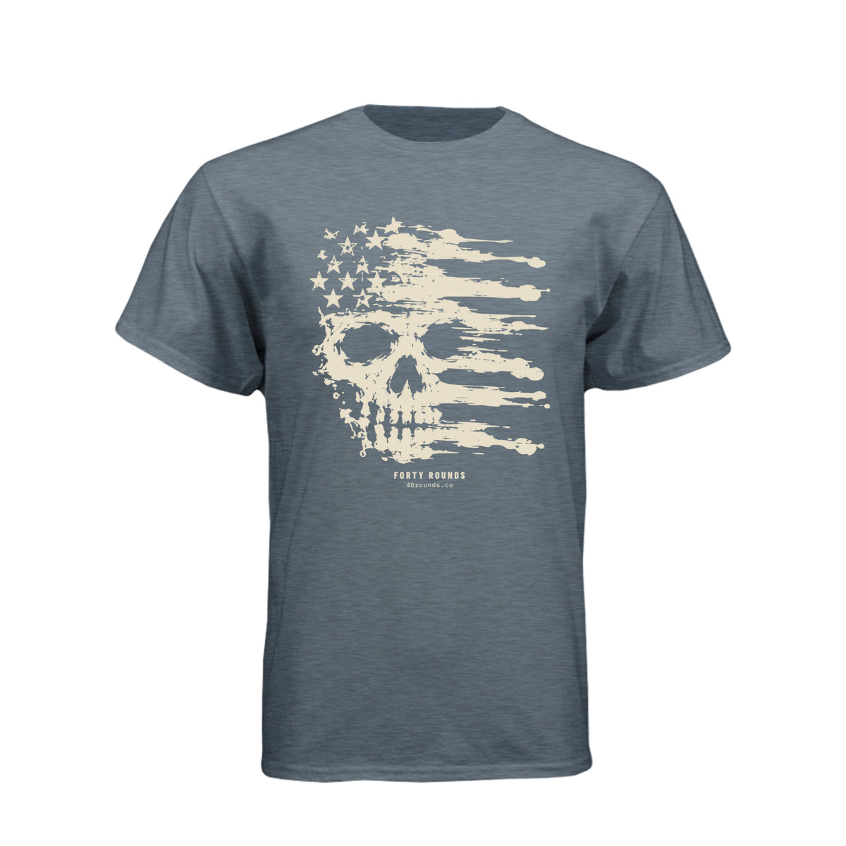 FORTY ROUNDS — Smeared Skull Flag Tee · Heather Slate Blue · Front